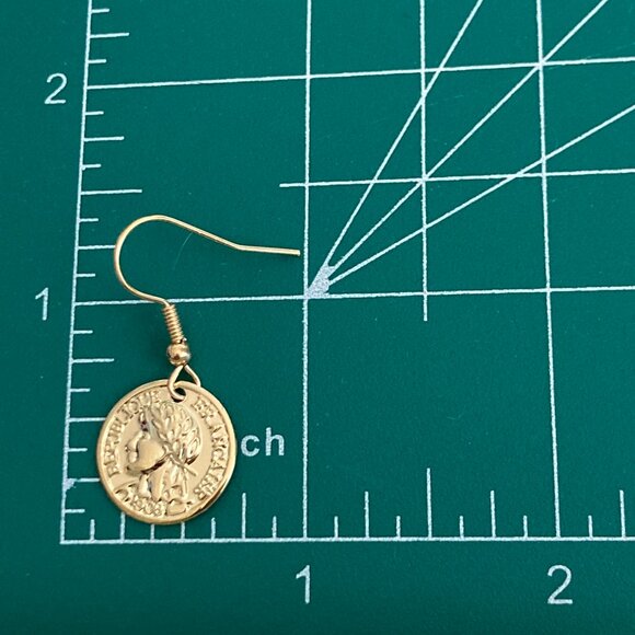Vintage French Republique Faux Coin Earrings Dangle Gold Plated Wire France - Picture 7 of 8